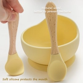 1set Silicone Baby Feeding Bowl Set Baby Learning Dishes Suction Bowl Set Wood Spoon Non-Slip