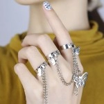 Double Finger Chain Rings for Women Ring Set Tassel Butterfly Cross Punk Rings Jewelry Ladies Fashion HipHop Jewelry